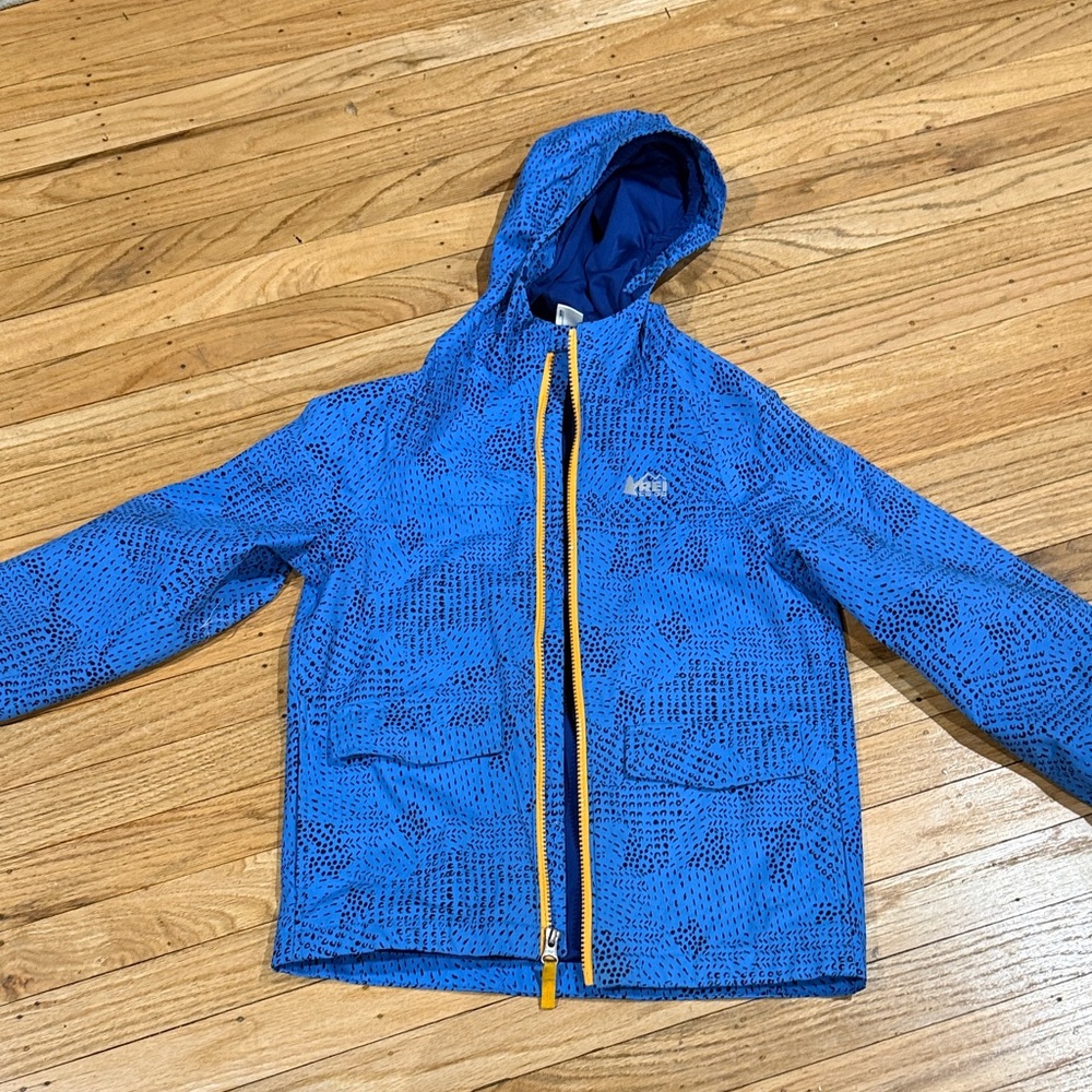 REI Co-op Blue Hooded Rain Jacket with Yellow Zipper